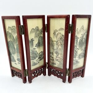 MINI Vintage Chinese 4 Panel Screen Hand Painted Silk Lacquer Wood Miniature